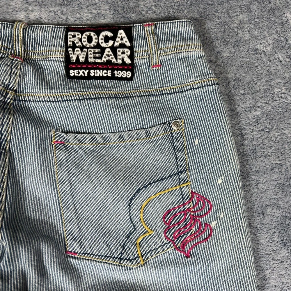 Vintage Rocawear‎ Pinstripe Paint Splatter Flare Jeans Blue White Juniors Size 9